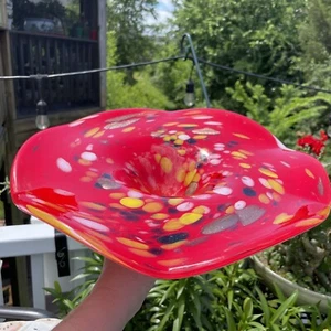 Murano Style Hand Blown Glass Serving Bowl Pedestal- Red Gold Yeloow Colors 12” - Picture 1 of 10