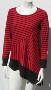$49 NEW CHICO’S Red Black Stripe Long Sleeve Asymmetric Shirt Tunic Top 0 US 4 6 - Picture 1 of 5