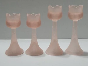 Set of 4 Vintage Tiara Exclusive Pink Frosted Satin Tulip Canle Holders - Picture 1 of 12
