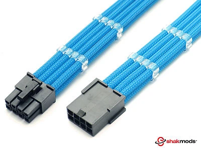 8 Pin ATX CPU PSU 30cm Extension Light Blue Sleeved Shakmods + 2 Cable Combs - Image 1 of 3