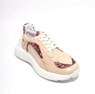 Love Moschino 15296 Tenis Plataforma Cuero Beige/Lentejuelas Con Cordones 39/US 9 Foto 1 de 4