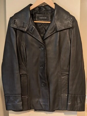 Abrigo Chaqueta Jones New York Cuero Genuino Mujer XS Negro Puntada Detalle Botón Foto 1 de 4