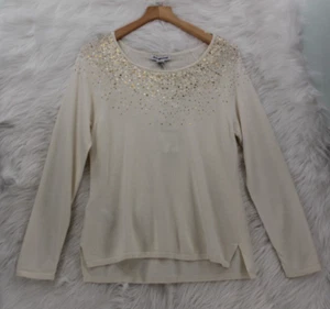 Tommy Bahama Sweater Women's Sz M French Creme Gold Sequin Embellished L/S #1730 - Picture 1 of 16