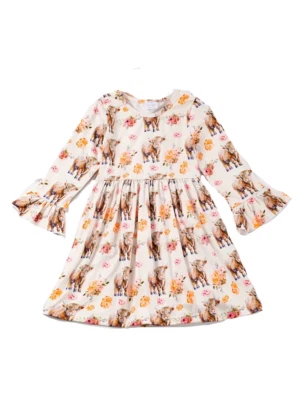 Nuevo Vestido Boutique Niñas Floral Highland Vaca Talla 7 Mangas Campana Foto 1 de 4