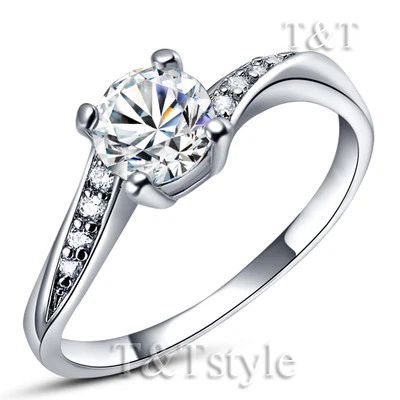 TTstyle Elegant 18K White Gold Plated Engagement Band Ring With Cubic Zirconia - Image 1 of 2