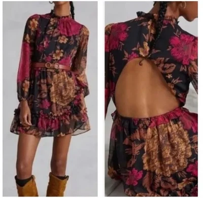 Anthropologie Porridge Puff Sleeve Open Back Floral Mini Dress Black XS - Image 1 of 4