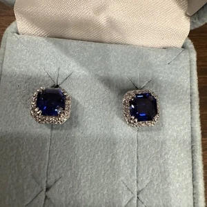 Blue Sapphire Earrings Stud 925 Sterling Silver Designer DDS Natural Halo 12mm - Picture 1 of 5