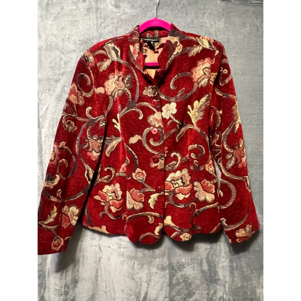 Портрет красный цветочный гобелен блейзер куртка средний жаккард парчи бархат вид - Изображение 1 из 4