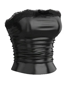 Sexy Whimsigoth nero PVC increspato pizzo bordo crop tube top S aderente rave mallgoth - Foto 1 di 5