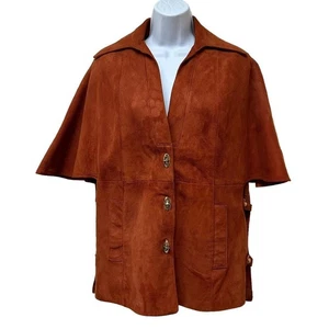 Vintage Hippie Rust Orange Suede Leather Cape Sleeve Coat Jacket Open Sides - Picture 1 of 14