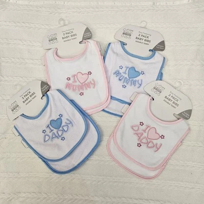 NURSERY TIME Baby Bibs 'I Love Mummy / Daddy' Cotton Terry 2 Pack Pink Blue Newborn +