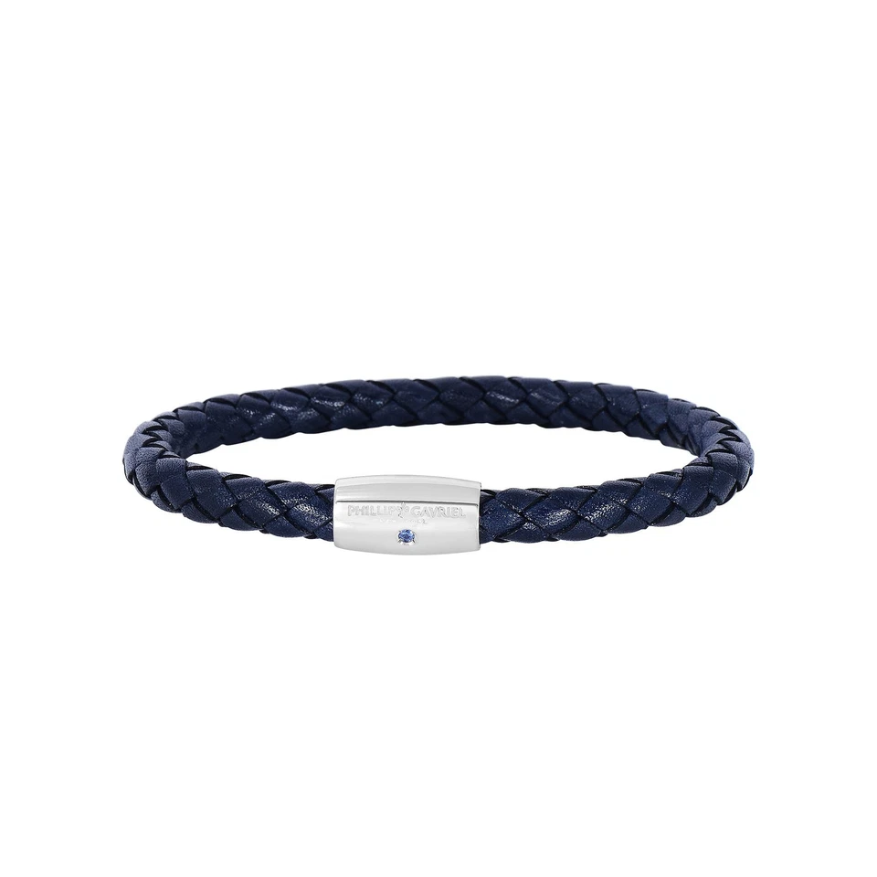 Pulsera de cuero AZUL tejido de 8" con acabado de rodio y piedra de zafiro y plata de ley Foto 1 de 1