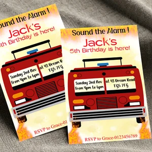 Personalised Fire engine Birthday Party Invitations Fireman Boys Invites A6 x10 - Picture 1 of 5
