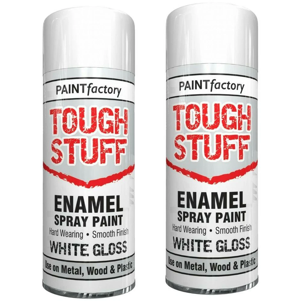 2X TOUGH STUFF ENAMEL WHITE GLOSS SPRAY PAINT FOR WOOD METAL PLASTIC 400ML - Image 1 of 1
