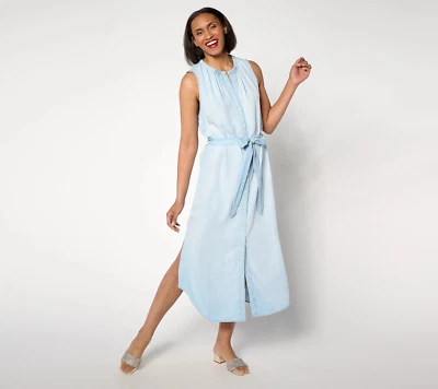 Side Stitch Sleeveless Tie-Waist Shirt Dress - Women's 1X - Crystal Cave Blue - Image 1 of 4