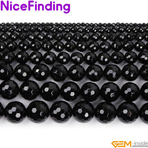 Natural Gemstone Round Faceted Black Agate Onyx Spacer Beads Jewelry Making 15"
