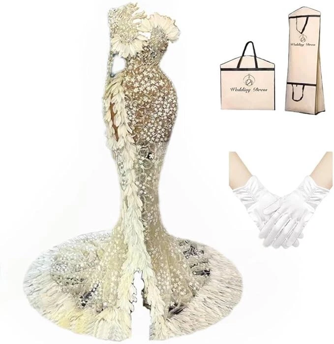 GREOENEL Amor One Shoulder Mermaid Wedding Dresses Feather Pearls Lace Applique - Image 1 of 1