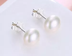 Ohrringe Ohrstecker 925er Sterling Silber Süßwasser Perle AAA 9 mm Rhodiniert - Picture 1 of 2