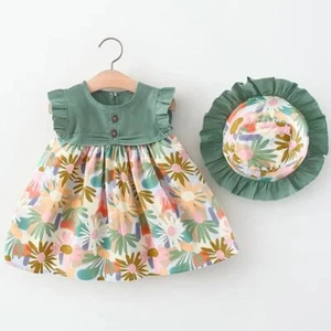 2-Piece Summer Toddler Girl Dress & Hat Set - Floral Beach Outfit (165) - Picture 1 of 13