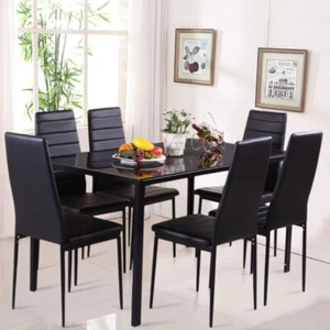 Tempered Glass Table Set, 6 Dining Chairs, Modern Dining Set Kitchen Restaurant - Picture 1 of 9
