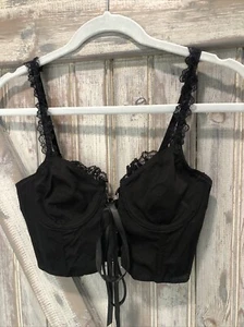 Gothic Black Crop Top Corset Lace Hook & Tie Front Grunge Goth Small Adj Straps - Picture 1 of 15