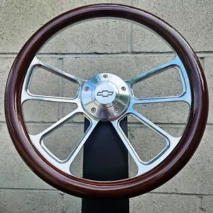 14" Billet 4 Spoke Steering Wheel Mahogany Wood Licensed Chevy Horn and Adapter - Picture 1 of 3