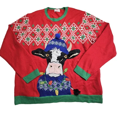 Holiday Time Ugly Christmas Sweater *Cow Face* XXL Red Green Lights Up - Image 1 of 4
