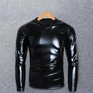 Men Shirts Tunic Top Metallic Shiny Wet Look T-Shirt Patent Leather Blouse - Picture 1 of 5