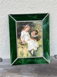Vintage Framed Lithograph Print Portrait Sweethearts Stained Glass Green - Picture 1 of 4
