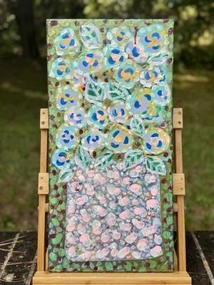 Pink Dots  Flowers Still Life Original Folk Art Painting Acrylic Pastel Colors - Image 1 of 2