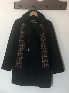 Forecaster of Boston Women Sz 8 Black Wool Pea Coat Plaid Scarf Double Breasted - Picture 1 of 13