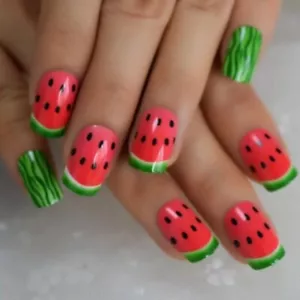 24 Short Watermelon Press On Nails kit glue on pink green seeds cute funny - Picture 1 of 5