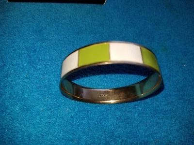Vintage Signed J Crew Brass Green & White Enamel Bangle Bracelet - Image 1 of 4