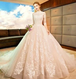 High Neck Vintage Bridal Dress Wedding Ivory Size 38/8US Long Tail &Sleeves SALE - Picture 1 of 12
