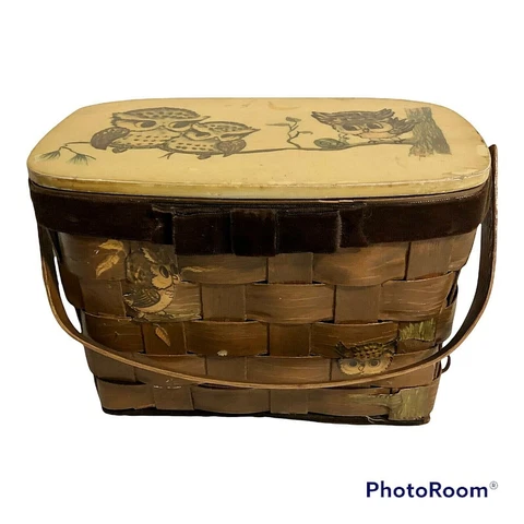 Vintage Hand Made Owl Wood Picnic Basket Hinge Lid 9.5" x 5.75" Cover