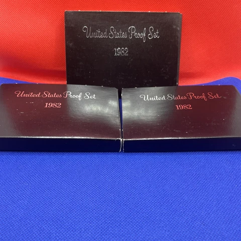 Set of 3 1982 S US Mint Proof Sets in OGP And original US Mint Shipping Box Cover