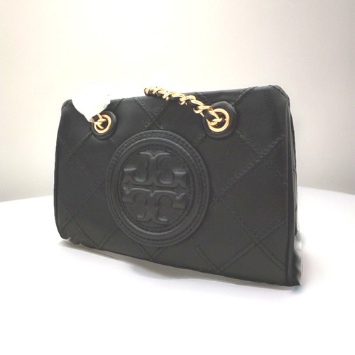 AUTENTICA NUOVA CON ETICHETTE $498 Tory Burch Mini Fleming Pintuck Chain borsa in morbida pelle nera