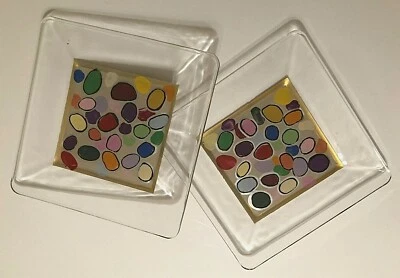 Set of 2 Clear Glass Fusing Rainbow Pebbles Dessert Salad Square Plate Vintage - Image 1 of 3