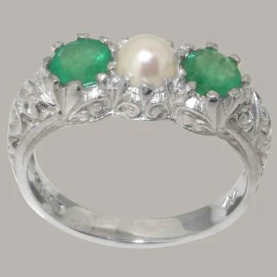 925 Sterling Silver Cultured Pearl & Emerald Womens Trilogy Ring - Image 1 of 4