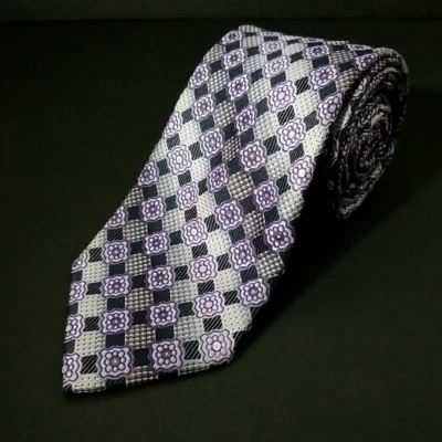 Vtg Colours Alexander Julian Luxury Tie Purple Gray Geometric Pattern Necktie - Image 1 of 4