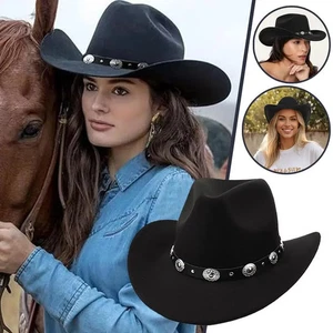 Nuevo Fedora Vaquera Negro Vaquero Occidental, Sombrero de Vaquera, Hombres Mujeres Retro Ala Ancha - Imagen 1 de 24