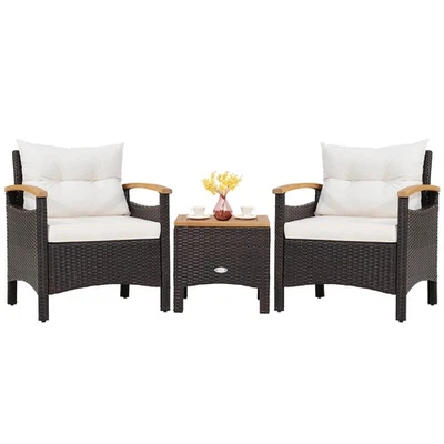 Juego de muebles de ratán para patio Patiojoy 3 piezas reposabrazos de madera mesa cubierta acolchada Foto 1 de 4