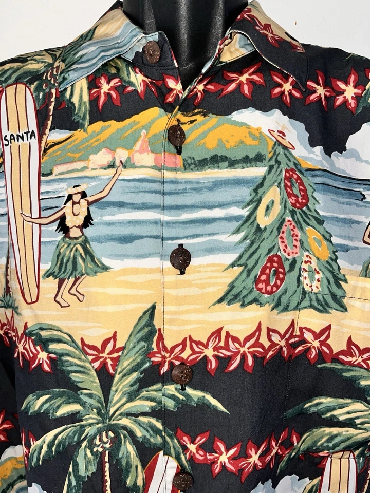 Винтажная вискозная рубашка KAHALA Ron Anderson Collection для серфинга Santa Mele Kalikimaka L - Изображение 1 из 4