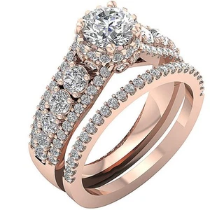 Bridal Matching Halo Ring Set 2.90 Ct Journey Round Cut Diamond 14K Yellow Gold - Picture 1 of 7