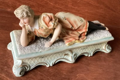Antique Victorian Bisque Lady Reclining On Bench Based On Madame Recamier 6.5” - Image 1 of 4
