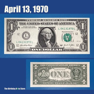 April 13, 1970 Birthday Anniversary $1 One Dollar Bill Serial Number 04131970 - Image 1 of 2