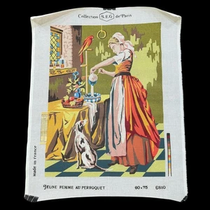Lona francesa vintage a punta de aguja niña con loro colección SEG París - Imagen 1 de 10