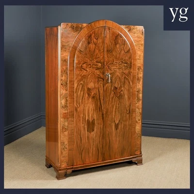 English Art Deco Walnut Two 2 Door Hanging Wardrobe Armoire Closet Robe Cupboard - Image 1 of 4