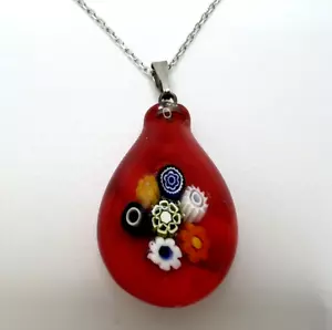 Murano Glass Handcrafted Red Millefiori Pendant & 925 Sterling Silver Necklace - Picture 1 of 22