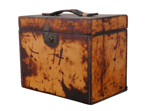 Antique English Boyle Bench Made Luggage Brown Leather Locking Train Case 14" Cover